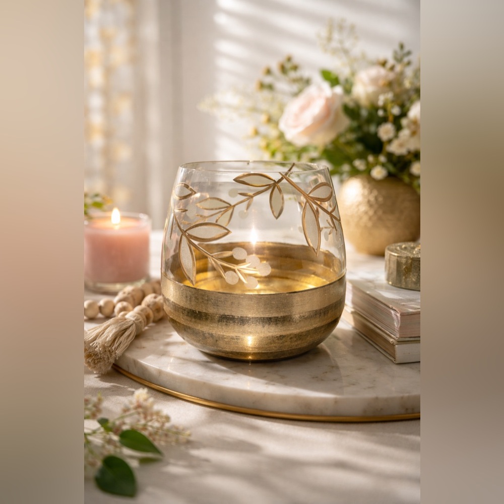 Gold Glass Floral Votive Candle Holder Boho Glam Decor Made in India